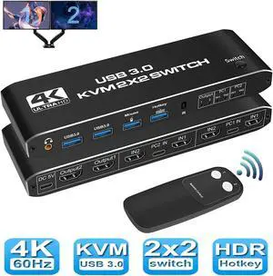 USB 3.0 HDMI KVM Switch 2 Monitors 2 Computers, 4K@60Hz Dual Monitor HDMI KVM switches 2 in 2 Out with Audio, USB 3.0 Hub Share Keyboard Video Mouse Peripherals, Hotkey,Black
