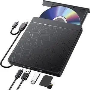 External CD DVD Drive for laptop Windows 11 10, USB 3.0 and Type-C Portable CD DVD +/-RW ROM Drive Reader CD/DVD Burner Rewriter with SD TF Slot & 2x USB Ports, Slim DVD/CD Player for Linux, Mac OS