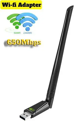 AC650 USB WiFi Adapter for PC- 650Mbps Wireless Adapter Network Adapter Wide Coverage for Desktop with 2.4GHz, 5GHz High Gain Dual Band 5dBi Antenna, Supports Windows Vista/XP/Win7/8/10/11
