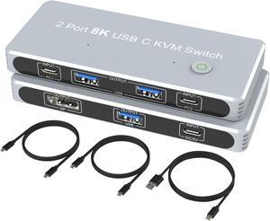USB-C 8K KVM Switch DP 1.4 2xUSB-C PC to One DisplayPort Monitors 8K@60Hz 4K@144Hz 3X USB2.0 Sharing Mouse Keyboard Printer 2in 4out Converter Compatible with Thunderbolt 3/4