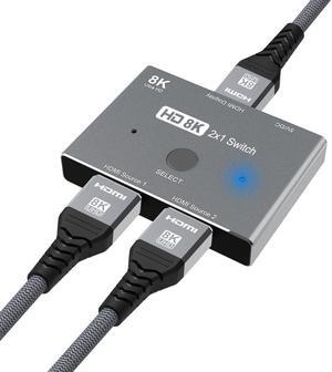 HDMI 2.1 Switch 8K Ultra HD 2 in 1 Out unidirectional Switcher Grey 8K@60Hz 4K@120Hz 48Gbps with Switch Button Compatible with PS5 Xbox Set-top Box etc More