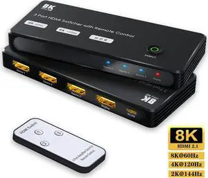HDMI 2.1 Switch, 8K UHD 3 in 1 Out HDMI Switcher with IR Remote, Support 48Gbps 8K@60Hz 4K@120Hz Dynamic HDR HDCP2.3 Selector Hub Compatible with Roku, PS5, Xbox X, Apple TV, Blu-ray Player