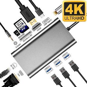10 in1 USB C Dock Station, Type-C Hub with 4K HDMI/1080P VGA/100W PD/Gigabit Ethernet/SD/TF/3*USB3.0/Audio Multiport Adapter for MacBook Laptop Notebook