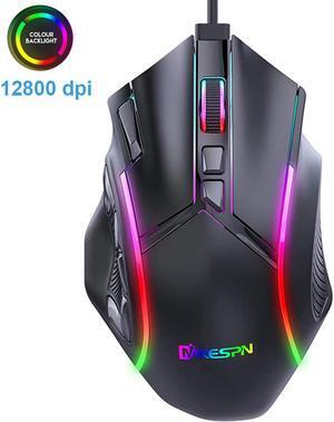 Gaming Mouse USB Wired Programmable PC Mice - 12800 DPI High Precision, 12 Macro Buttons, 13 RGB Backlit Modes, USB Optical Ergonomic Mouse for Laptop Desktop Computer Game Office, Black
