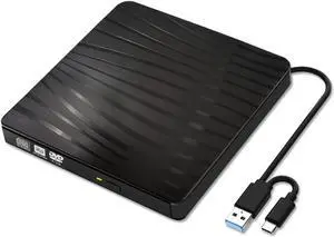 USB 3.0 External CD DVD Drive, Portable Slim USB 3.0&USB-C CD DVD +/-RW Drive Burner CD/DVD Player Writer,High Speed Transfer for Laptop MacBook Desktop iMac Mac OS Windows XP/7/8/10/Vista (Black)