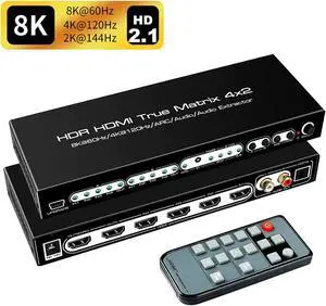 8K 4x2 HDMI Matrix, 4 in 2 Out HDMI 2.1 Matrix HDMI Video Switcher Splitter + Optical & L/R Audio Output,Support 4K @120Hz,HDR10 HDCP2.3 Do-l-by Vision Atmos SPDIF 5.1CH ARC with IR Remote Control