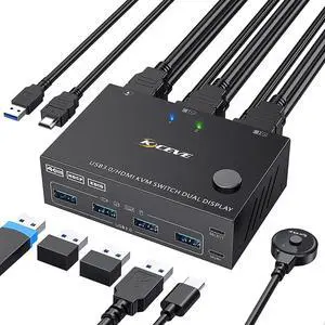 USB 3.0 KVM Switch HDMI Dual Monitor, USB HDMI Extended Display KVM Switcher for 2 Computers 2 Monitors and 4 USB 3.0 Ports, with Simulation EDID,KVM Switch HDMI Support 4K@60Hz 2K@144Hz 2 in 2 Out