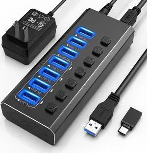 Powered USB Hub 3.0, 7-Port USB 3.0 Hub [Durable Aluminum], 7 Data Transfer Ports+ 4 Smart Charging Ports with Individual On/Off Switches, USB Hub 3.0 Powered with Power Adapter for Laptop PC
