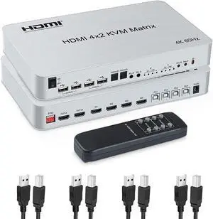 4x2 HDMI KVM Matrix Switcher, 4K@60Hz KVM Switch + Optical & L/R Audio Output, 4 HDMI2.0 Port + 4 USB2.0 Port, Share 4 Computer to Dual Monitor, Support Auto Scale, Audio Extractor with Remote Control