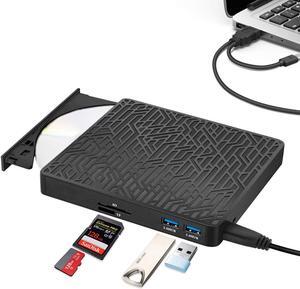 External CD DVD Drive, 2-Port Hub USB 3.0 with Type-C SD/TF Card Reader CD/DVD +/-Rw Drive ROM Rewriter DVD Burner for Laptop Desktop MacBook Mac OS Windows 10 8 7 XP Vista (Black)