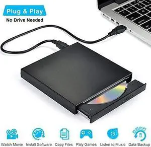 External CD DVD Optical Drive, USB 2.0 Slim Protable External CD-RW Drive DVD-RW Burner Writer Player for Laptop Notebook PC Desktop Computer (Black, USB 2.0)