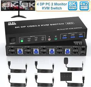 8K@60Hz Displayport USB 3.0 KVM Switch for 2 Monitors 4 Computers 8K@60Hz 4K@144Hz, DP1.4 Dual Monitor Displayport KVM Switch 4 Port with Audio Output and 3 USB 3.0, 8K DP Monitor KVM Switch for 4 PCs