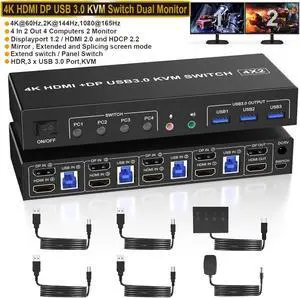 USB 3.0 Displayport + HDMI Dual Monitor KVM Switch 2 Monitors 4 Computers, 4K@60Hz KVM Switch 4 in 2 Out for 4 PC Share Keyboard Mouse with Audio Microphone and 3 USB 3.0 Ports, DP + HDMI KVM Switch