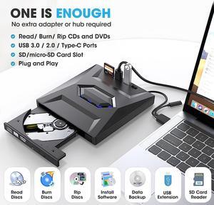 External CD DVD Drive, Type-C USB 3.0 Portable CD DVD +/-Rw Drive, DVD/CD ROM Burner Rewriter with SD Slot & USB Ports DVD 8X CD 24X Super Fast Speed Optical DVD Drive for Window/Mac OS/Linux