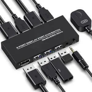 KVM Switch DisplayPort - 2 Port DP KVM Switch, Two Computers One Monitor Switch to Share Mouse,Keyboard,Printer, USB 2.0 Device and Ultra HD Monitor, Support 4K @60Hz, 2 DP and 2 USB Cable Included