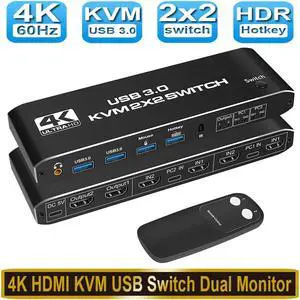 2 Port Dual Monitor HDMI KVM Switch, 2x2 USB3.0 HDMI KVM Switch 2 in 2 Out 4K @60Hz 2x2 Mixed Display 2 Monitors 2 Computer for PC laptop, Support Hotkey / Panel Switch, with USB 3.0 port 8iop