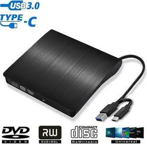2-in-1 External CD DVD Drive, USB 3.0 & USB Type-C Portable Slim CD DVD +/-RW Drive Player Optical DVD Drive, USB C External CD/DVD Burner for Mac Mac-Book Pro/Air, i-Mac, Windows 11/10 Laptop Desktop