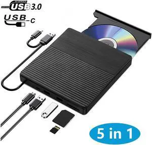 5-in-1 External CD/DVD Drive for Laptop, External CD DVD Drive CD/DVD Burner Optical Drive, Type-C USB 3.0 Portable CD Burner Writer with SD/TF Slot, 2 USB A Ports, for Window, Mac OS, Linux, Vista