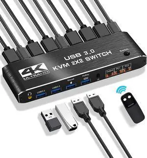 USB 3.0 2x2 KVM Switch 2 Monitors 2 Computers, USB3.0 HDMI KVM Switch Dual Monitor Sharing 4 USB Devices for Keyboard Mouse Scanner, 4K @60Hz KVM Switches Support Audio, Hotkey, Button Switching