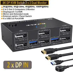 USB 3.0 DP KVM Switch for 2 PC 2 Monitors, 8K @30Hz 4K @144Hz Extended Display, 2 in 2 Out Dual Monitor Displayport 1.4 KVM Switch for 4 USB Devices Mouse Keyboard, with 2 USB3.0 and 2 DP Cables