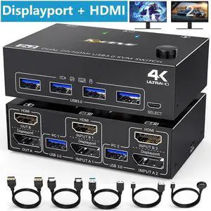 USB 3.0 Dual Monitor KVM Switch HDMI+Displayport 4K@60Hz, 2K@120Hz, 2 in 2 Out [DP + HDMI] USB 3.0 KVM Switch for 2 Computers Share 2 Display and 4 USB3.0 Devices, Wired Remote and 4 Cables Included