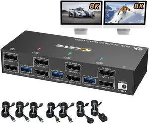 Dual Monitor Displayport KVM Switch 8K@30Hz 4K@144Hz, USB 3.0 KVM Switches 3 Computers 2 Monitors Displayport 1.4 with 4 USB 3.0 Ports for USB Devices, DP Monitor Switch for 3 PCs, with Wired Remote