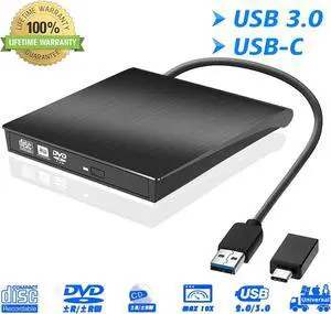 External CD DVD Drive for Laptop, Portable High-Speed USB-C & USB 3.0 CD/DVD +/-RW Burner CD ROM DVD Optical Drive Reader Rewriter Player for PC Desktops, Compatible with Windows/MacOS/Linux
