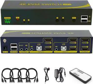 HDMI KVM Switch 2 in 2 Out Dual Monitor Extended Display 4K@60Hz 4:4:4 with Audio and USB 2.0 Hub Sharing PC Monitor Keyboard Mouse Switcher