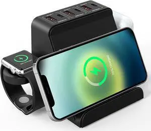 4 in 1 Charging Station for Multiple Devices, 15W Fast Wireless Charger, 6-Port USB Charging Station Compatible with i-Phone, Sam-sung Smartphone and More, Charging Stand Dock for i-Watch & Air-P-ods