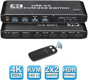 Dual Monitor HDMI 2.0 KVM Switch with 3.5mm Jack Audio Output, USB 3.0 HDMI KVM Switch 2x2 for 2 Computers and 2 Monitors 4K @60Hz with 3 Display Method,Hot Key Switching, IR Control