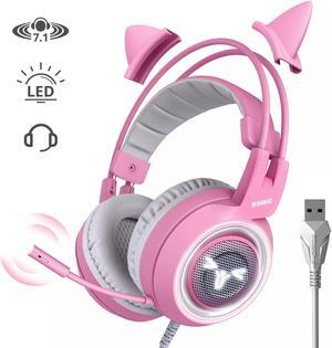 SOMIC G951 Pink Lovely Cat Shape Noise Cancelling Girl Gaming Headphones, Virtual 7.1 Surround Sound Effect Headset with SVE Vibration and Cute LED Light Pattern For PS4 PC Laptop Games