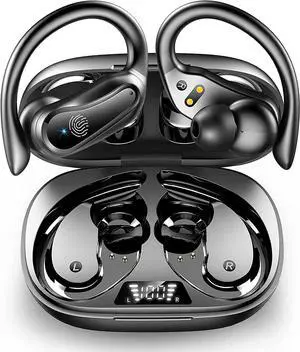 Ture Wireless Earbud, Bluetooth 5.1 Headphones with Dual LED Digital Display 42Hrs Playtime, IP7 Super Waterproof Running Headset with Earhooks Stereo Sound Wireless Earphones with Mic (Black) 8iop