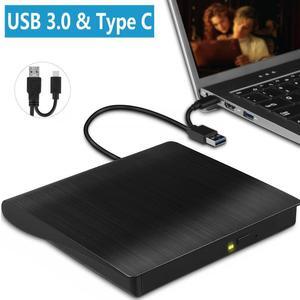 External CD DVD Drive, USB 3.0 & Type-C CD Burner Portable CD DVD +/-RW Optical Drive Slim CD DVD ROM Rewriter CD/DVD Player Writer Reader for Laptop Desktop Mac-Book PC Windows Linux Mac OS (Black)