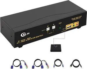 CKLau 2 Port Dual Monitor KVM DVI + VGA Extended Display with Audio, Microphone, USB 2.0 Hub and Cables