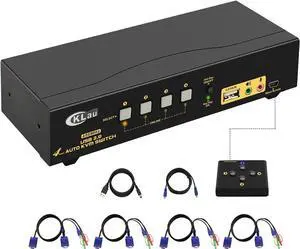 CKLau 4 Port 450MHz USB Auto VGA KVM Switch with Audio and Cables, Monitor Switch for Multiple Computers Support Windows, Linux, Mac, Debian, Ubuntu, Fedora, Raspbian, Ubuntu