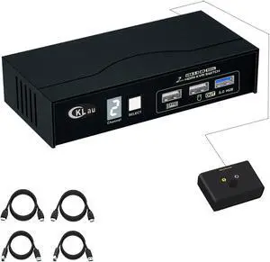CKLau USB 3.0 2 Port HDMI KVM Switch 4K60Hz 2K144Hz with All Input Cables, Digital Display Support Manual Switching, Wired Remote Switching