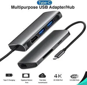 7 in 1 USB C Hub Type-C to 4K HDMI 2 USB 3.0 SD/TF Card Readers RJ45 PD Fast Charging Adapter Docking Station for MacBook Pro