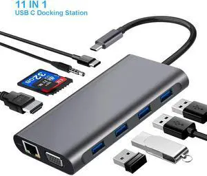 11in1 Type C Docking Station USB-C Adpater Hub, 4 x USB3.0, HDMI SD TF Card Reader PD Charging VGA RJ45 Gigabit Ethernet and Audio Mic Port Compatible for MacBook, ChromeBook More