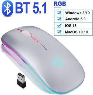 Wireless Bluetooth Mouse Bluetooth RGB Rechargeable Mouse Wireless Computer Silent Mause LED Backlit Ergonomic Gaming Mouse for Laptop PC (Bluetooth Version, Silver)