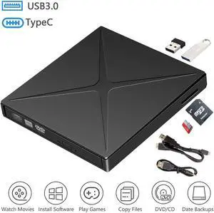 External DVD CD Drive, USB 3.0 & Type C CD/Dvd +/- RW Burner with SD/TF Card Reader Portable Disk Player Rewriter for laptop, desktop Mac, iOS, MacBook, Windows 10/8/7 / XP/Vista/Linux