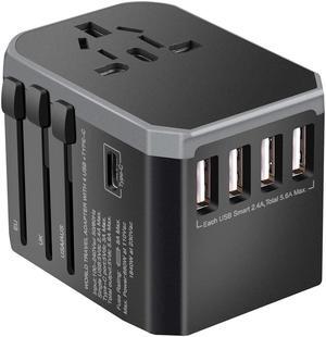 Universal Travel Adapter One International Wall Charger AC Plug Adaptor with 5.6A Smart Power and and 3.0A USB Type-C for USA EU UK AUS (Color: Black)