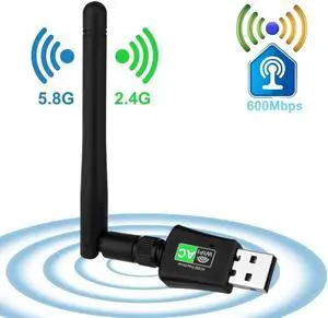 WiFi Adapter 600Mbps USB Wireless Network Adapter with High Gain Antenna, No CD ROM Required AC600 WiFi Dongle 5GHz/2.4GHz Dual Band USB Wireless Adapter Supports Windows XP/Vista/7/8/10