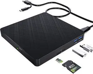 5 in 1 External CD DVD Drive, USB 3.0 & Type-C Portable CD DVD Burner with SD/TF Card Reader and 2 USB Ports, External Optical CD/DVD Drives for PC Desktop/Laptop/Linux/Mac/Windows 11/10/8/7 (Black)