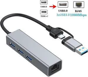 USB 3.0 & USB C to Ethernet Adapter, USB C to 3-Port USB 3.0 Hub with RJ45 10/100/1000 Gigabit Ethernet Adapter Support Windows 10,8.1,MacOS, Sur-face Pro, Linux, Chrom-e-book and More