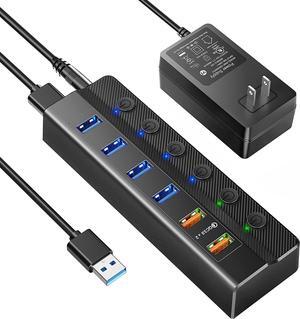 Powered USB 3.0 Hub, 6-Port USB Hub (4*USB 3.0 Data Ports and 2*QC 3.0 USB Charging Ports) with Individual On/Off Switches, 12V/4A Power Adapter for Mac, PC, Laptop, Computer