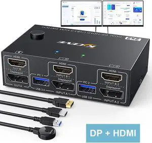 USB 3.0 Dual Monitor KVM Switch Displayport + HDMI 4K @60Hz, 2K @120Hz, 2 Monitors 2 Computers KVM Switch for 2 Computer Share 2 Display and 4 USB3.0 Devices, Wired Remote and 4 Cables Included