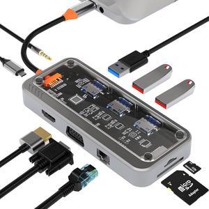 [Transparent Design] 10-in-1 USB C Hub Dongle with Ethernet Type C Adapter USB3.0/USB2.0 4K@30Hz HDMI VGA SD/TF Card Reader USB-C PD 3.0 3.5mm Audio Compatible with MacBook Air Pro and Type C Laptops
