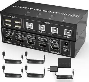 4 Port HDMI + DisplayPort KVM Switch Dual Monitor, UHD 4K@60Hz, KVM Switch 2 Monitors 4 Computers with 4 USB 2.0 Hub, Keyboard Video Mouse Peripherals Switcher for 4 PCs Dual Monitors
