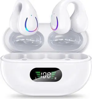 True Wireless Earbuds, Ear Clip Bluetooth Headphones Bluetooth 5.3 Wireless Earphones 4 HD Mic with 36H Reproduction LED Display Charging Case, IPX7 Waterproof, USB-C, White eokCXOY