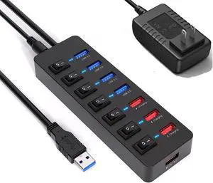 Powered USB 3.0 Hub 36W, 8-Port USB Hub (4 USB 3.0 Data Ports + 4 USB 3.0 Smart Charging Ports), USB Splitter with Individual On/Off Switches and 12V/3A Power Adapter for Mac, Windows, Chrome